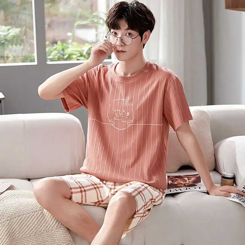 2023 Cotton Mens Pyjamas Set Summer Short Sleeve Sleeping Tops Shorts Sleepwear Young Boys Nightwear Korean Fashion Pjs Pijamas Y240913