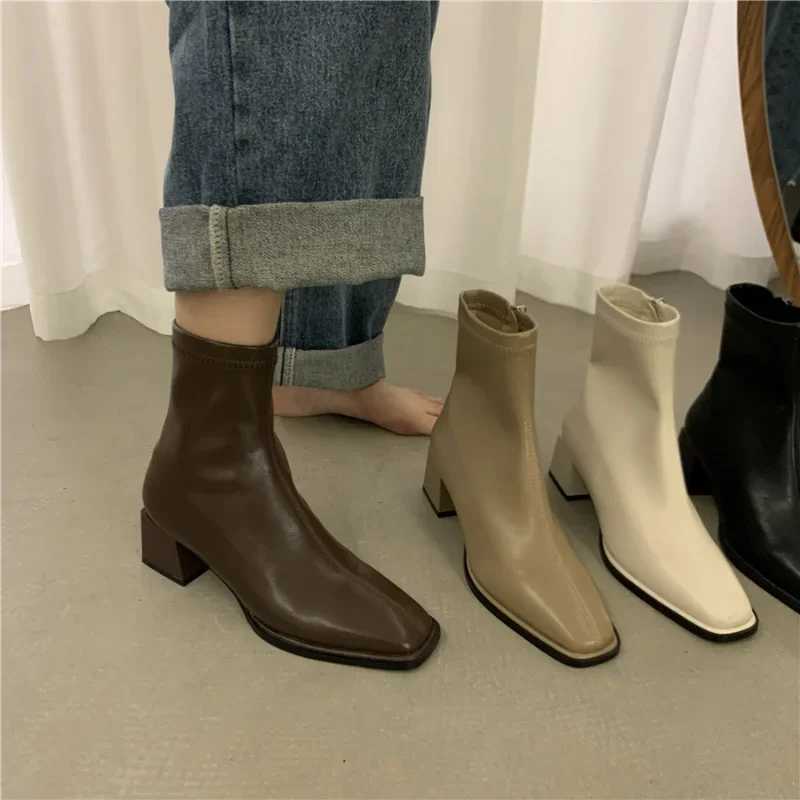 Square Toe Women Ankle Boots Flock Stretch Shoes Thin Mid Heels Black/Brown/Beige Back Zipper Dress Sock Boots Woman Size 35-40 M240912
