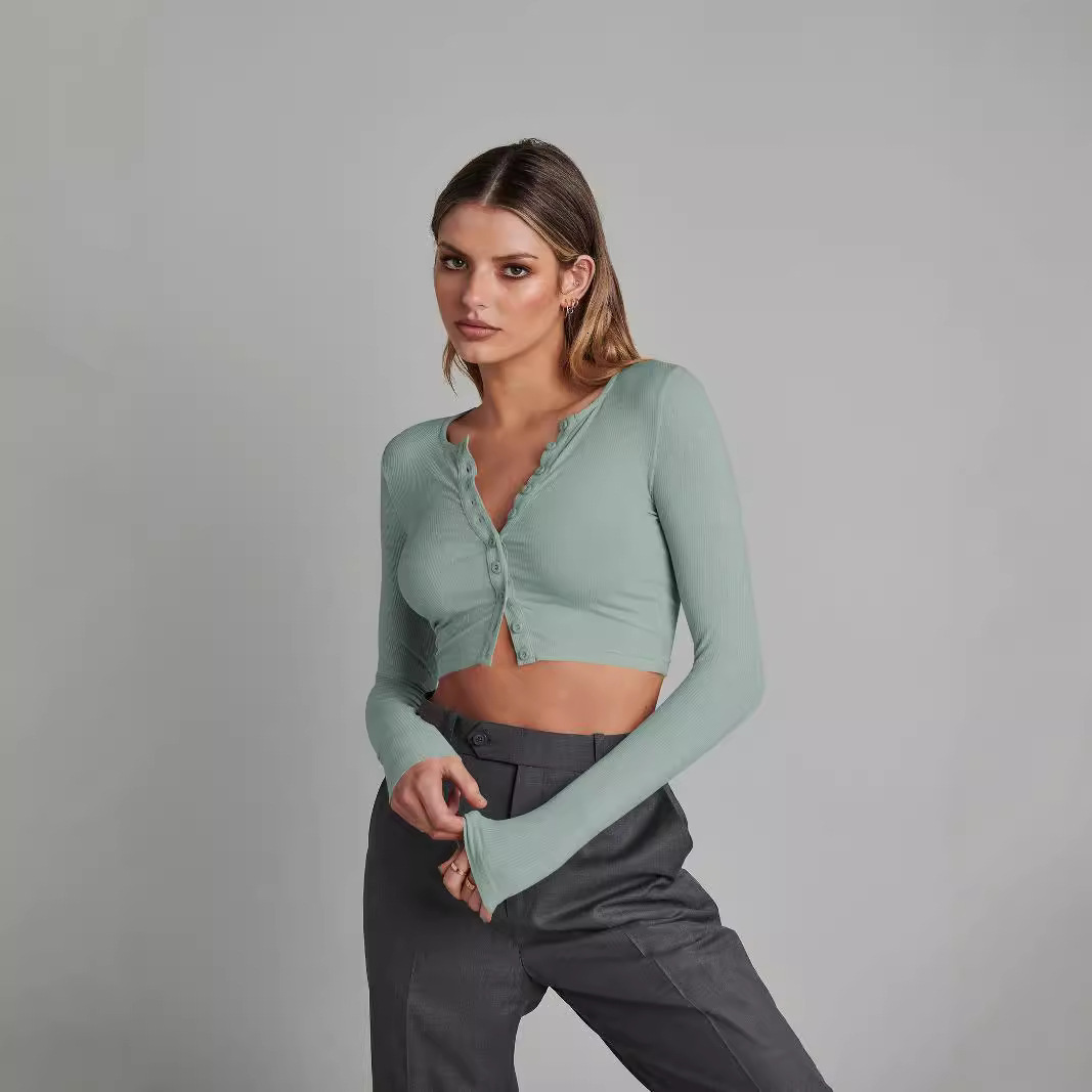 Button ribbed long sleeved knitted cardigan autumn fashion women's short exposed navel versatile bm top
