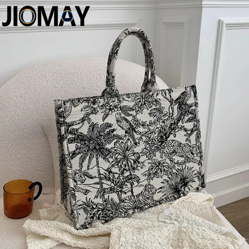 Jiomay Fashion Trends Womens Beach Animal Printing Handbag Travel Inner Zipper Embroidered Shopping Shoulder Bag 240904