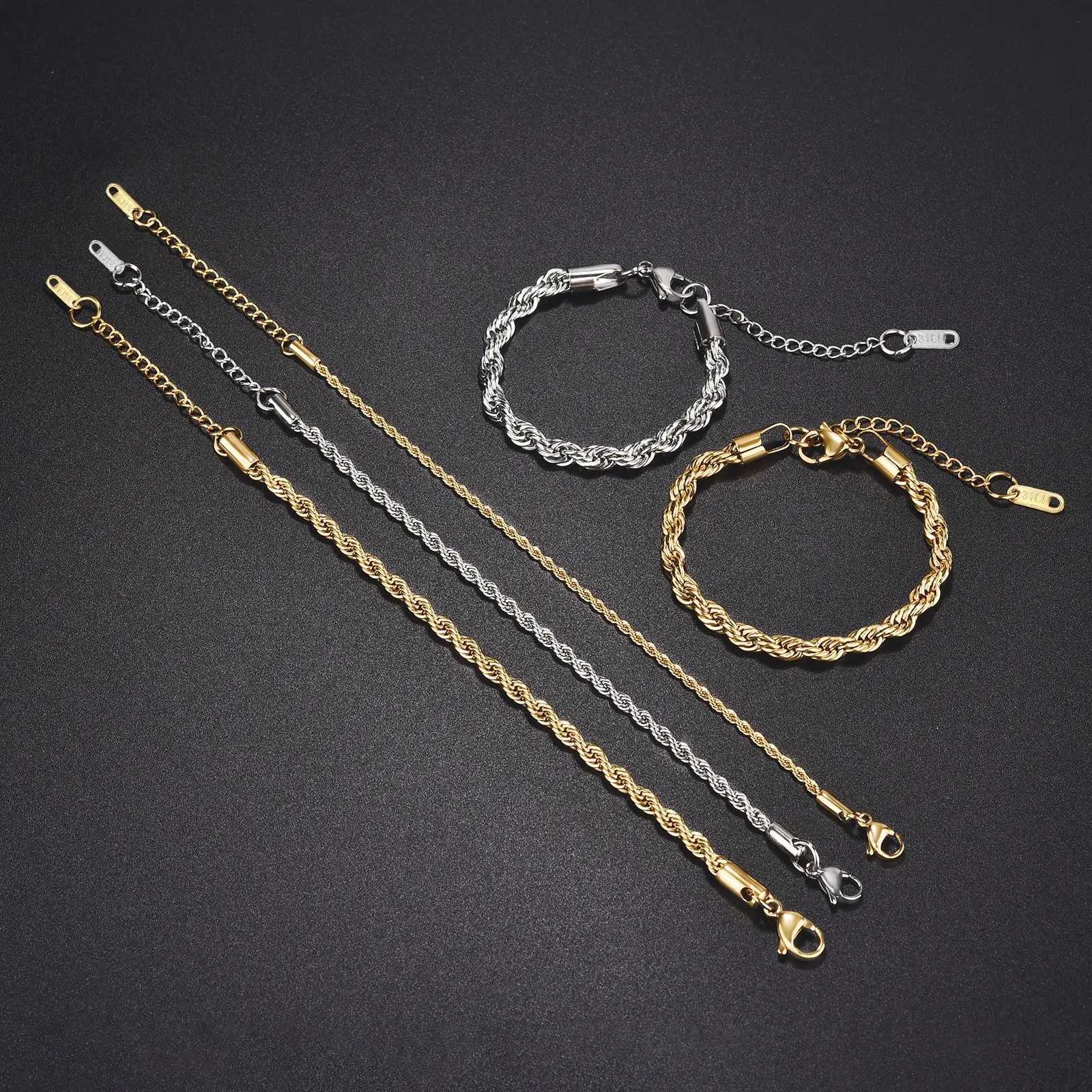 2023 Stainless Steel Twisted Rope Chain Bracelets for Women Men Gold Color Sliver Color Fashion Punk Bangle Length AdjustableX240913