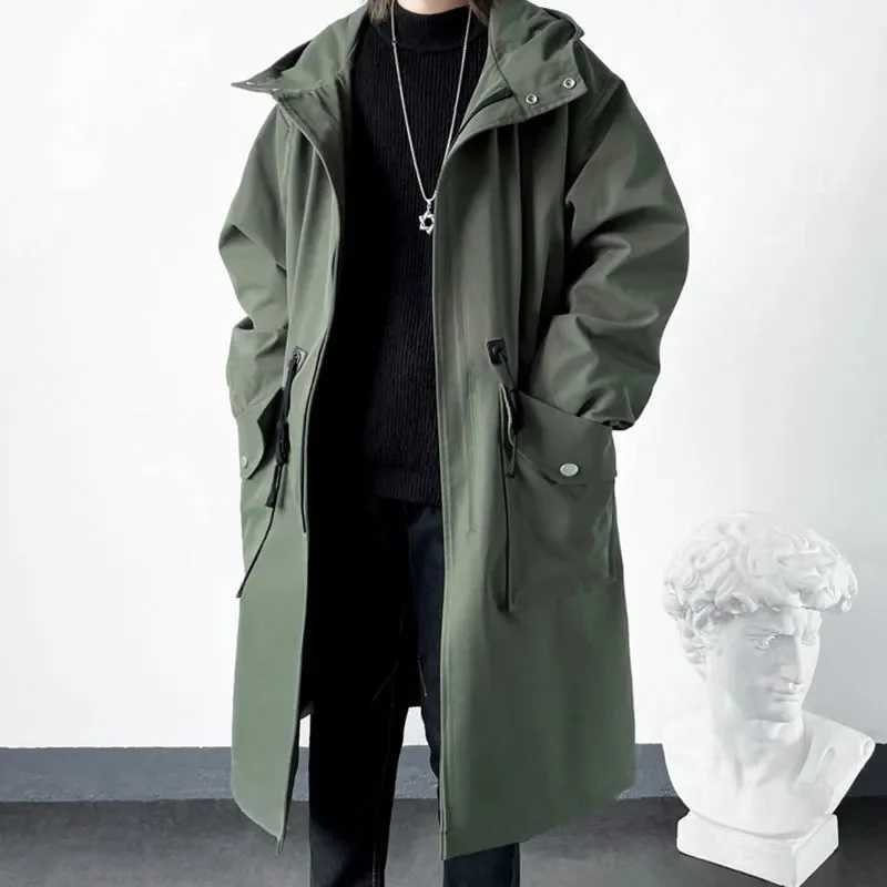 2023 Spring Autumn Army Green Windbreaker Fashion Men Mid-length Casual Hooded Coat Men Daily High Street Overcoat Male Clothes Y240913