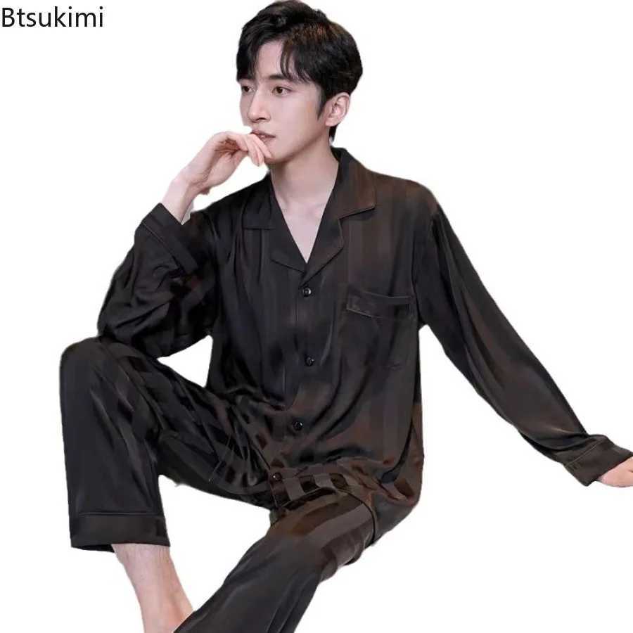 New Loungewear Mens Fashion Long Sleeve+Pants Satin Soft Pajama Sets Comfort Jacquard Ice Silk Home Wear Sleepwear Suit for Men Y240913