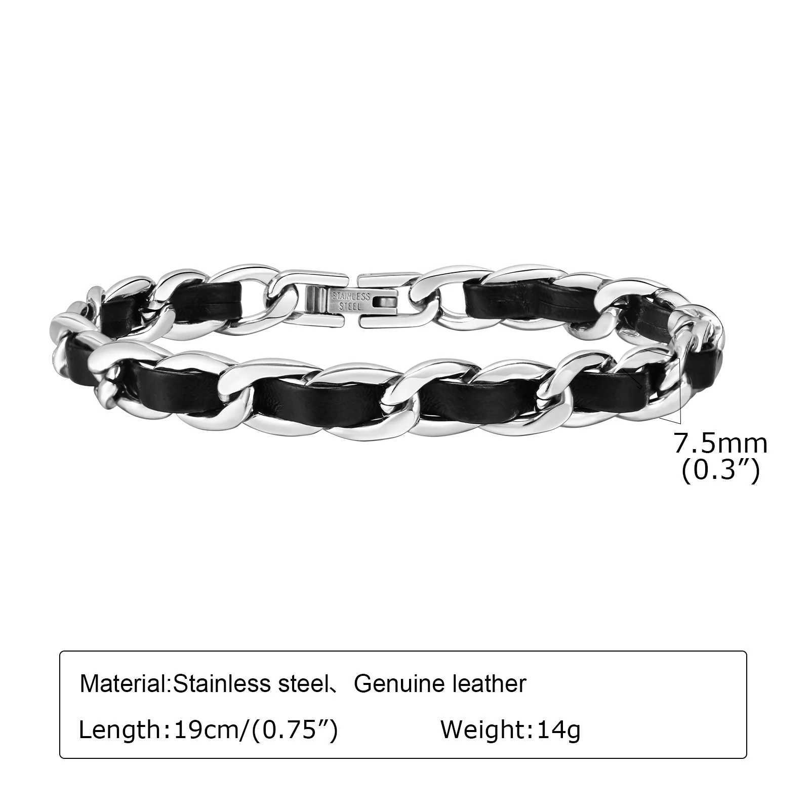 Mens Black Leather Chain Bracelets Waterproof Stainless Steel Cuban Links Chain Wristband Gift Jewelrypulseira masculinaX240913