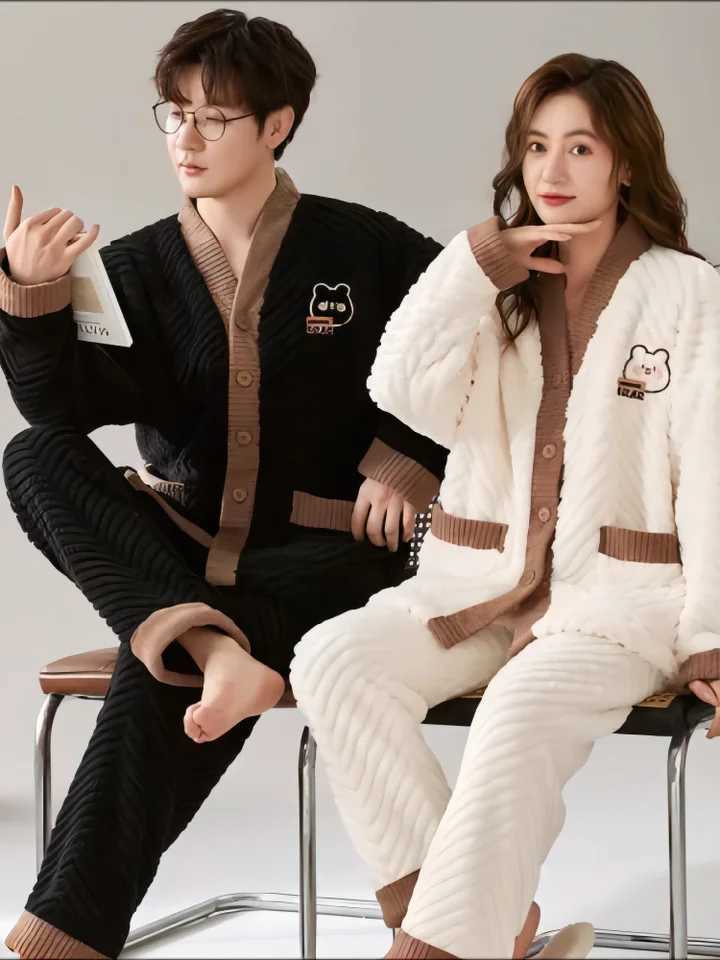 Couple Look Pijama Room Wear Winter Warm Sleepwear Big Size Pajamas Man Woman Set Korean Style Two Piece Nighty Dress Romantic Y240913