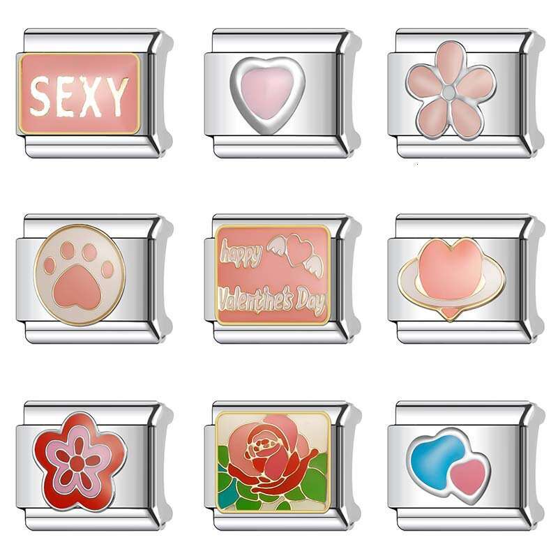 New Women's Gift Sweet heart and beautiful flowers Bead Italian Charms Links Bangle Beads Fit 9mm Stainless Steel Bracelet Making DIY For Women F