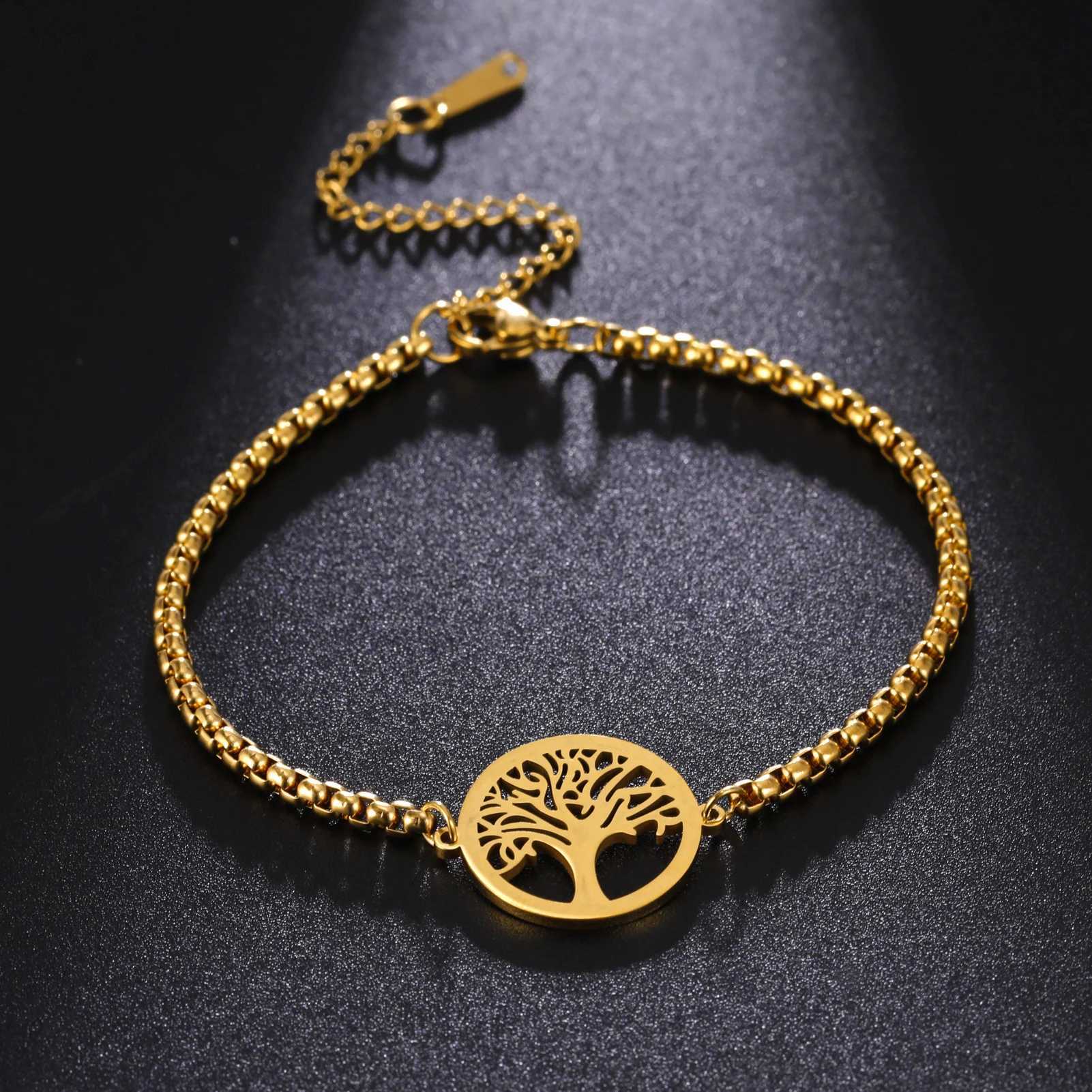 Hip Hop Stainless Steel Box Chain Bracelet Openworked Tree of Life Pendant Bracelet for Men Women Jewelry Party GiftX240913