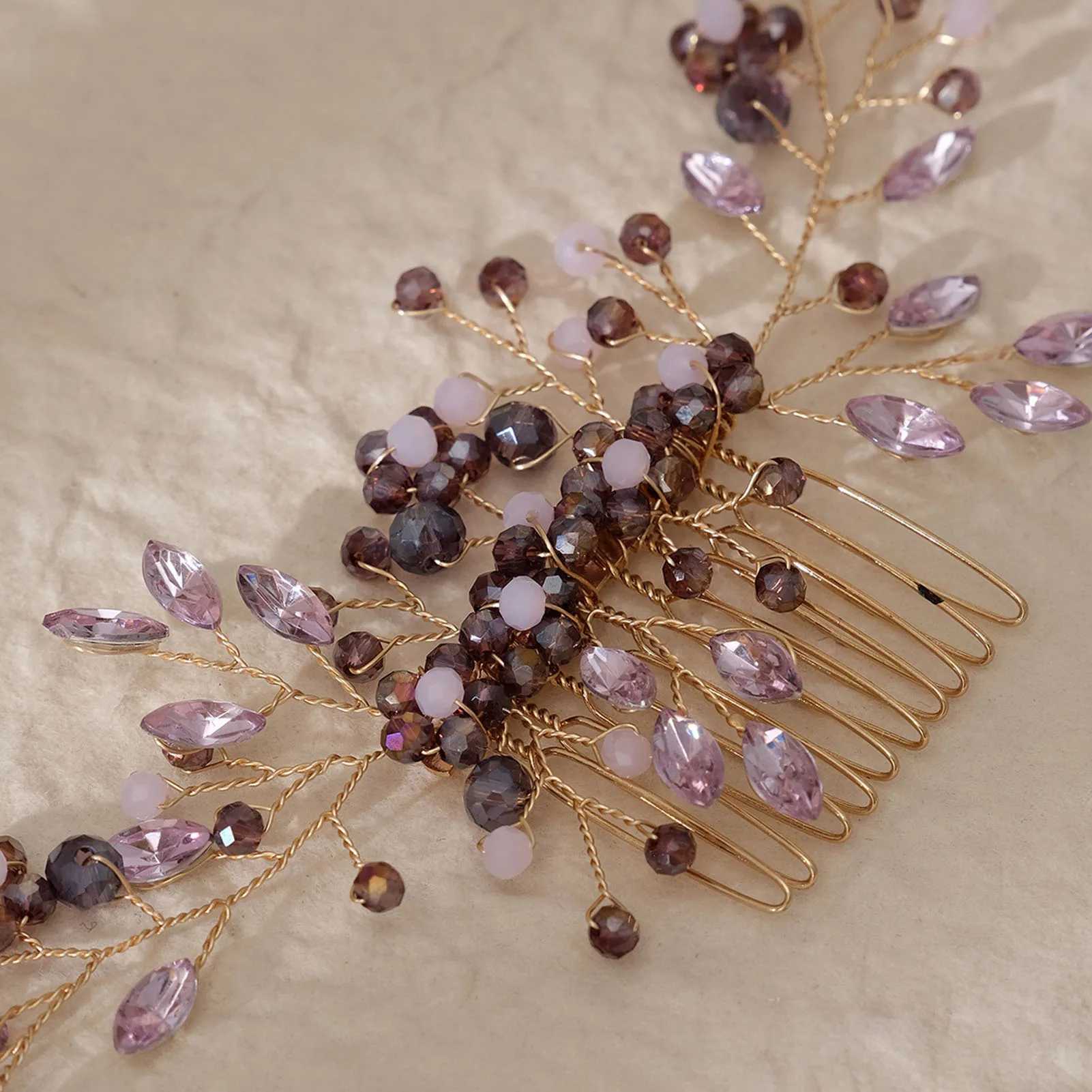 Purple Crystal Beaded Hair Combs for Bride Wedding Hair Jewelry Flower Hairpins Clips Headbands Women Party Hair AccessoriesX240913