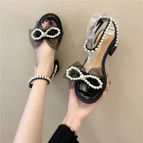 Beige Heeled Sandals Comfort Shoes for Women Med 2022 Summer Buckle Strap Black Medium Low Block Bow Clear High New Fashion