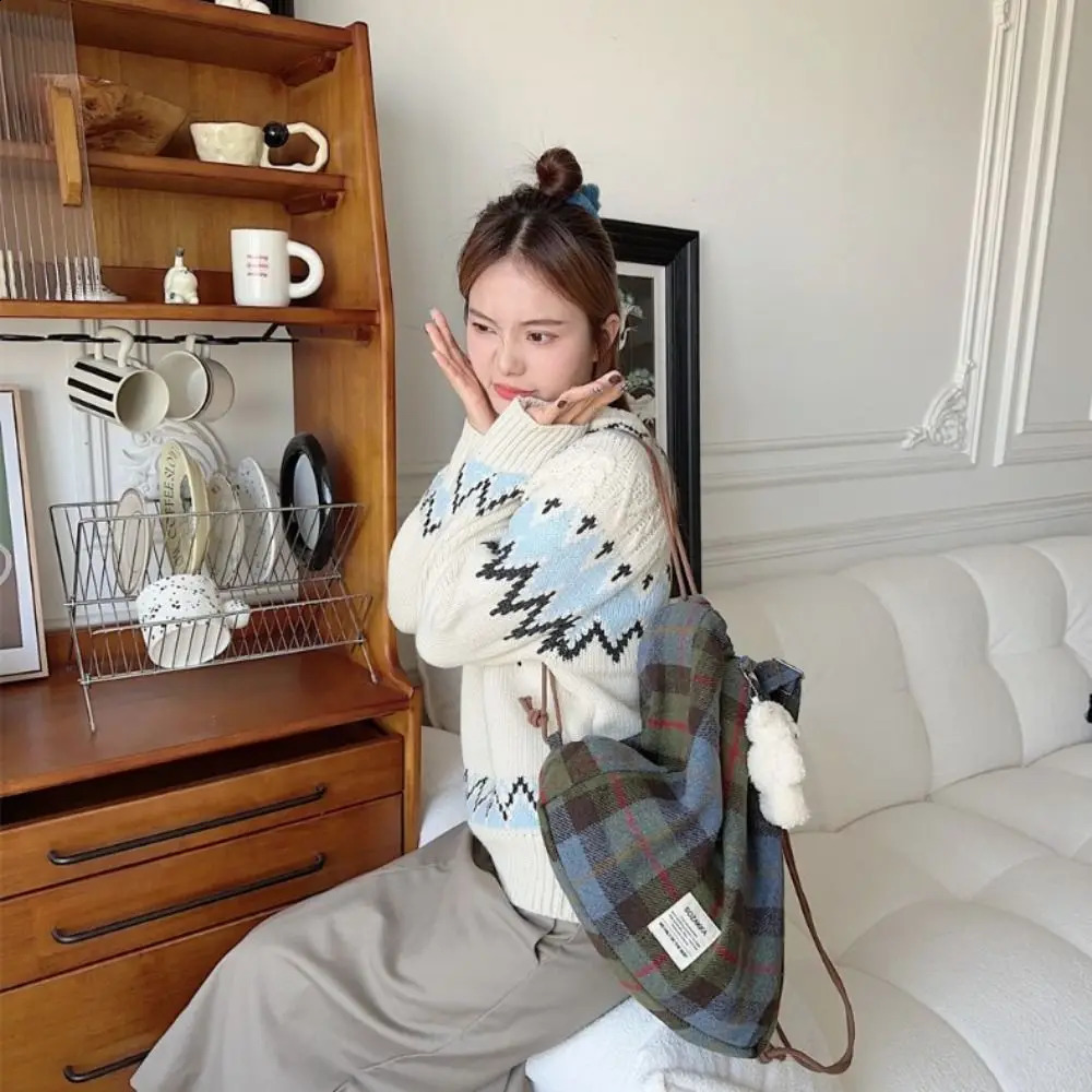 Korean style checkered drawstring bag with large capacity and fashionable checkered drawstring backpack for hiking outdoor Y2k backpack 240912