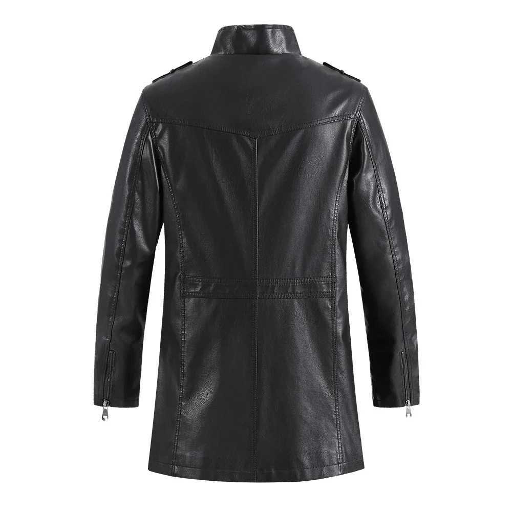 New Winter Long PU Leather Jackets Men Stand Collar Windbreaker Faux Outerwear Motorcycle Casual Warm Leather Coats Man ClothingX240913