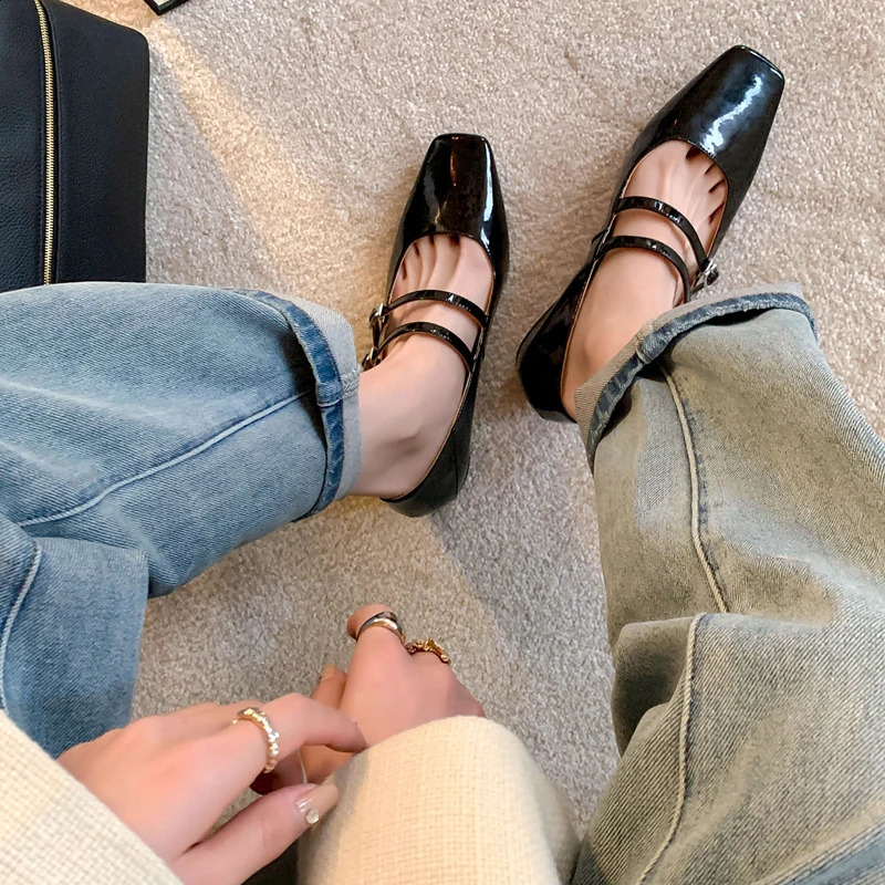 2024 Spring Women Mary Jane Shoes Ladies Fashion Shallow Square Toe Thick High Heel Womens Elegant Red Ballerinas Shoes 240910