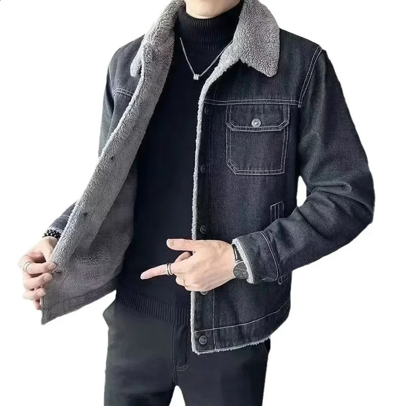 Winter Mens Denim Coat Plush Thickened Lamb Fleece Collar Casual Jacket Large n Feel Loose Men 240905
