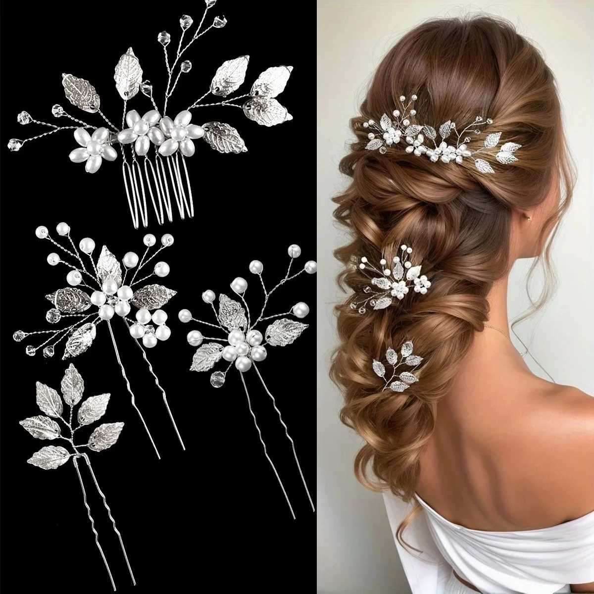 Pearl Flower Hairpin Side Comb Sets Wedding Hair Accessories Leaf Shaped Tiaras Bride Insert Hair Clip Jewelry Fashion HeadwearX240913