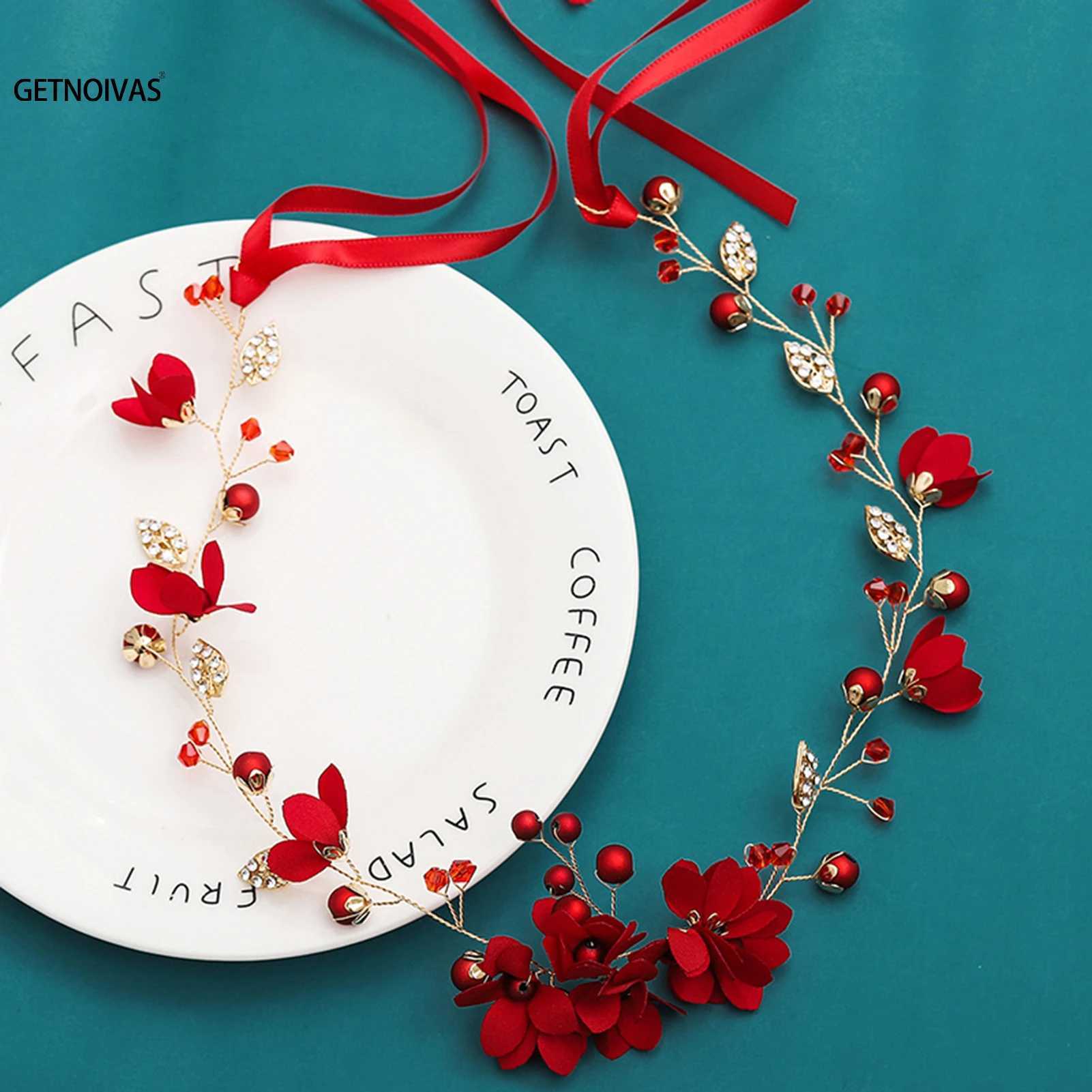 Elegant Girls Bridal Headband Red Cloth Flower Pearl Hair Headdress Flower Wreath Bride Garland Head Hoop Wedding HeadbandsX240913