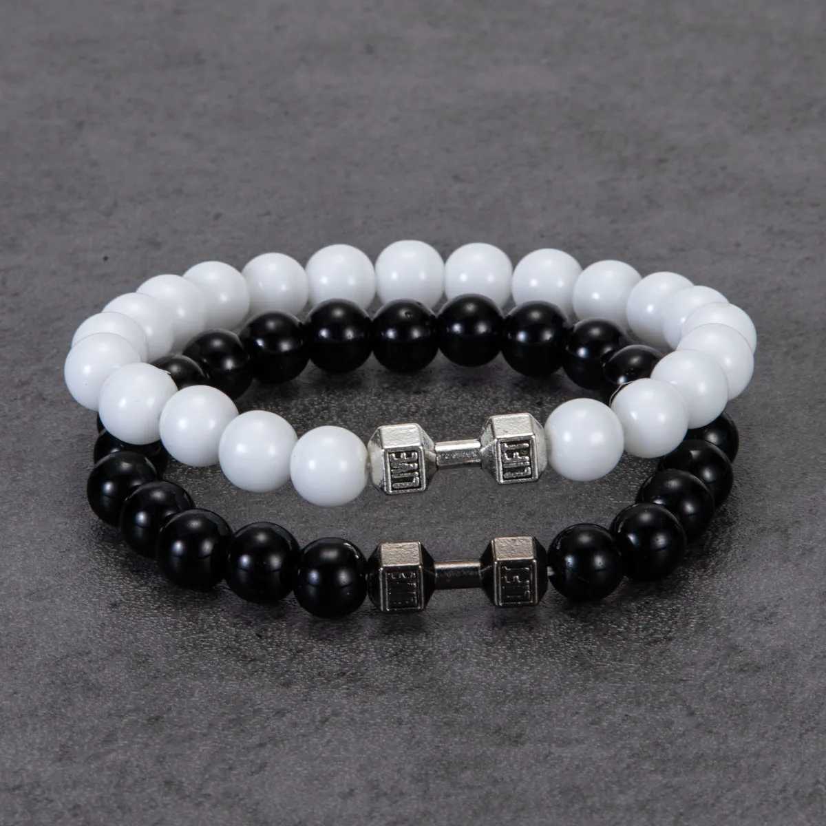 2 pieces/set of natural stone dumbbell bead bracelets black bead fitness bracelets suitable for daily life prayer bracelets mens jewelry bracelets W24