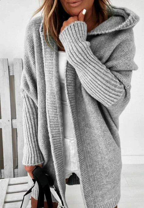 Cardigan for Women Autumn Fashion Solid Color Long Sleeved Temperament Commuting Loose Knit Open Front Hooded Sweater 240904