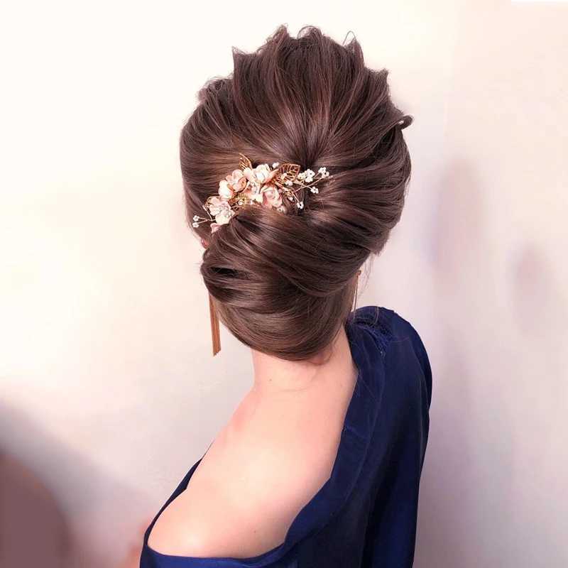 Blue Flower Hairpin Pearls Rhinestone Combs Headdress Prom Bridal Wedding Hair Accessories Gold Leaves Tiara Crown Hair JewelryX240913