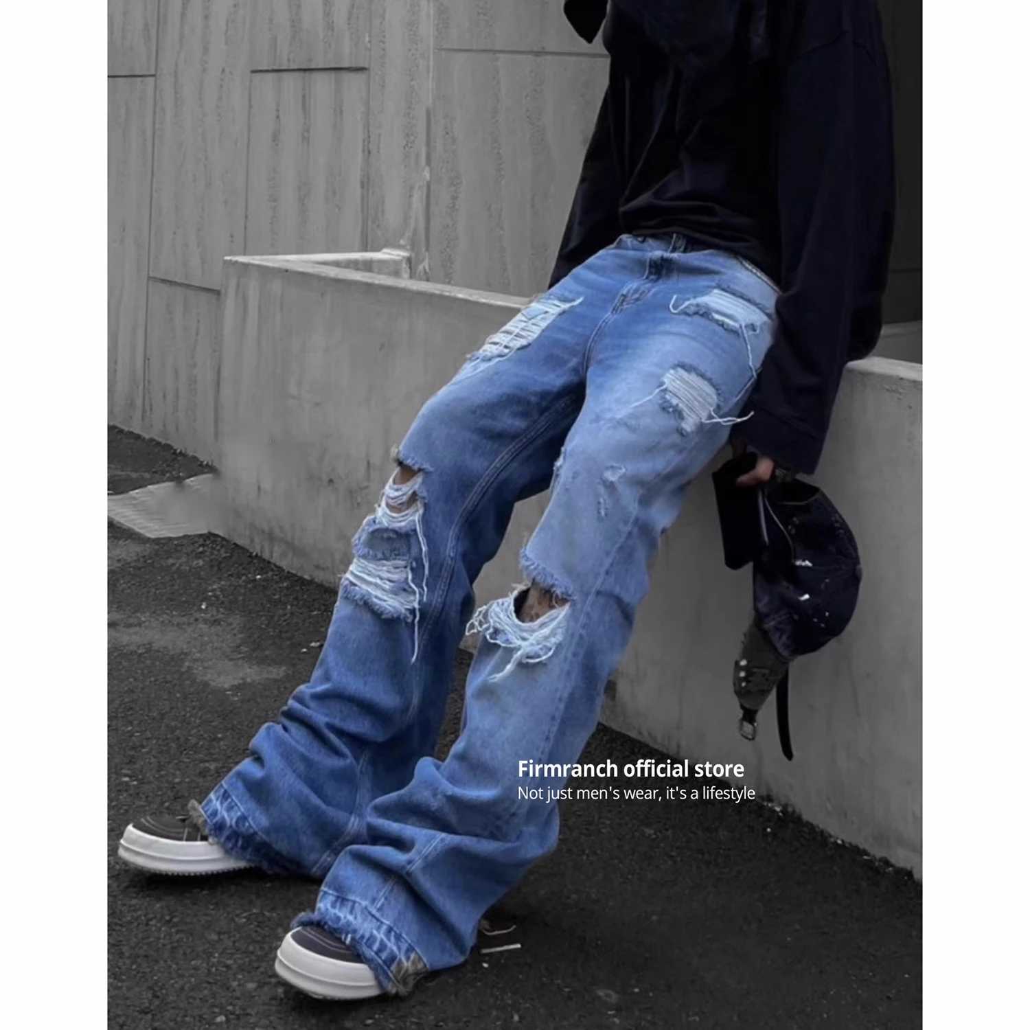 Firmranch New Korean Blue Ripped Jeans For Men Women Worn Mopping Length Flared Denim Pants Streetwear Catwhiskers Trousers M240912