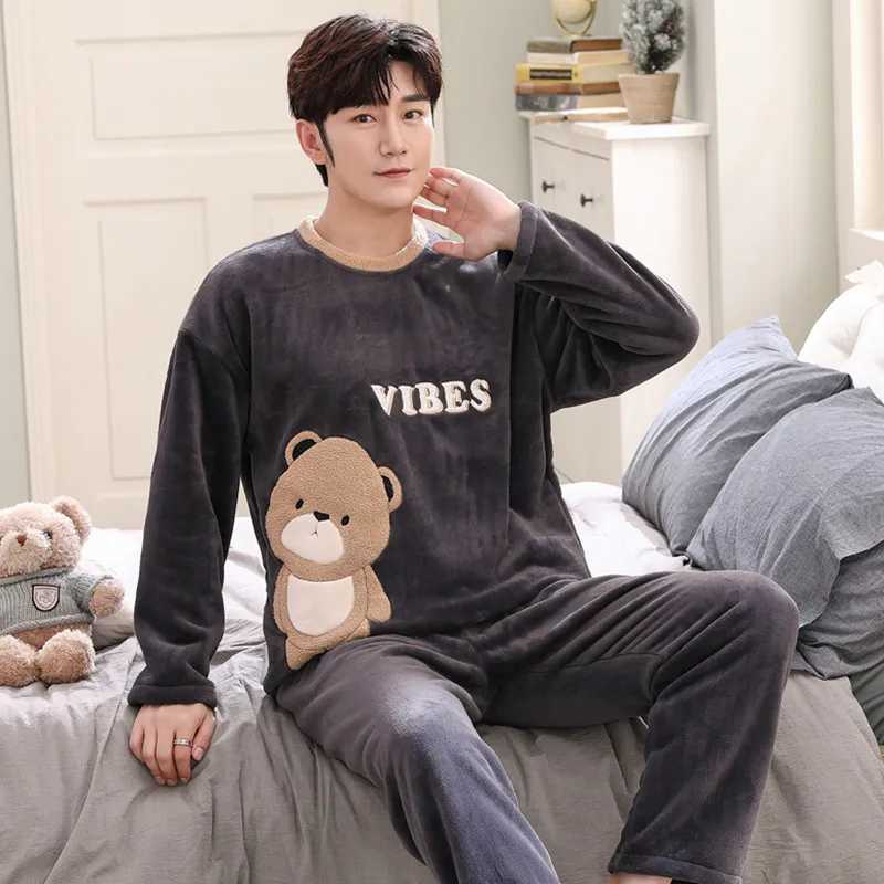 Winter Long Sleeve Thicken Warm Flannel Pajama Sets For Men Coral Velvet Cute Cartoon Sleepwear Suit Male Casual Home Clothes Y240913