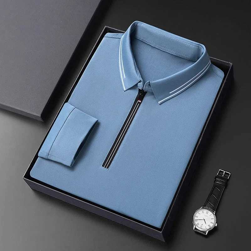 High end trendy zipper lapel long sleeved T-shirt for men in spring and autumn pleated resistance casual and loose fit suitable for business polo shir