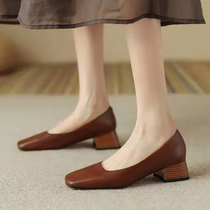 Women's Mid Heels Pumps Square Toe Boat Shoes for Women Dress Shoes Concise Office Lady Shoes Slip on Wood Heels Autumn 9822N