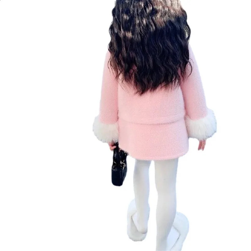 Girls Suit Winter Small Fragrance Solid Color Padded Wool Coat Padded Skirt Two-piece Set Kids Clothes Girls 240902