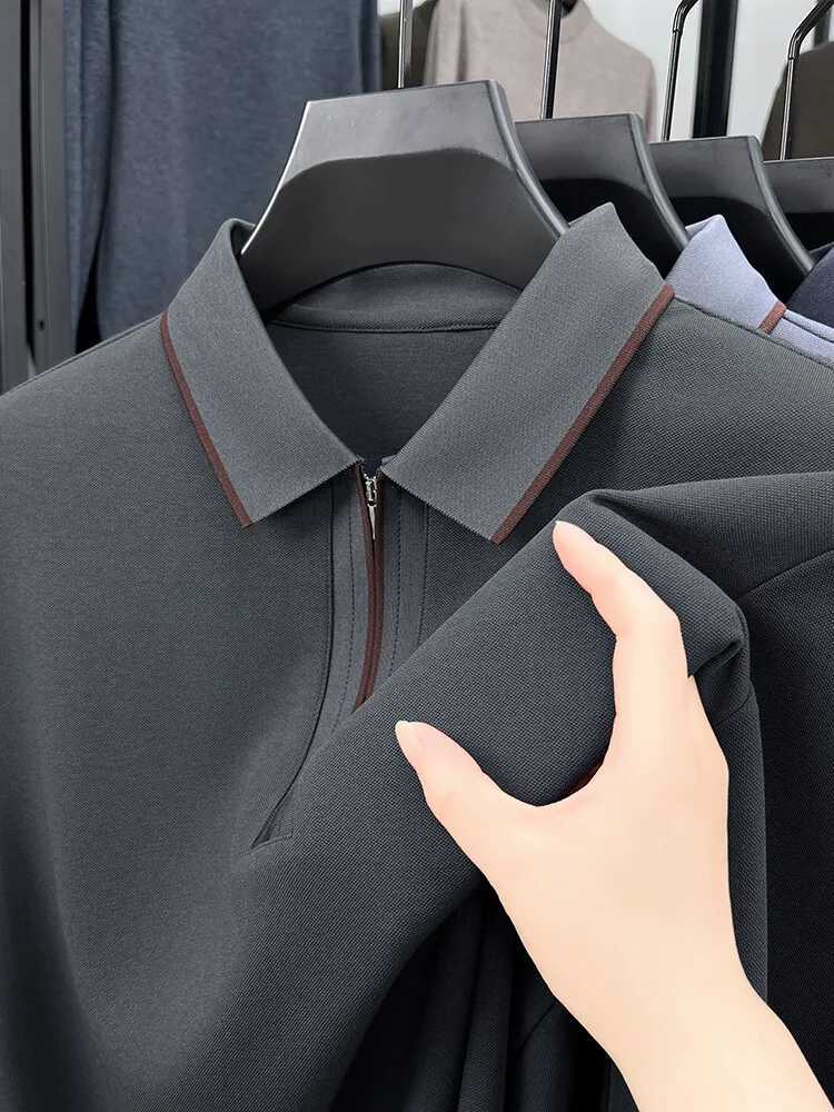 High end luxury brand mens polo shirt 2024 autumn and winter new half zipper long sleeved business casual lapel mens clothing W240913