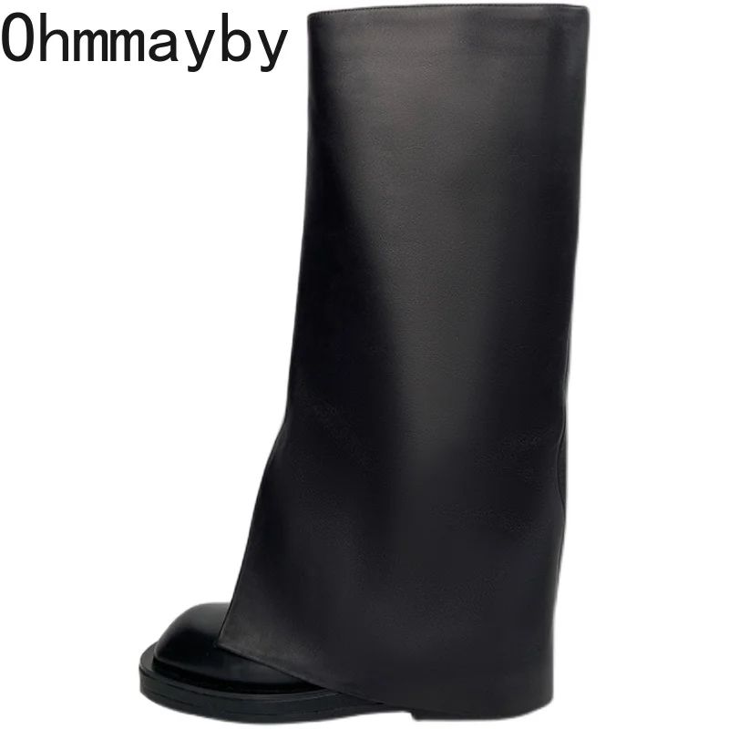Winter Autumn Women Trouser Legs High Boots Fashion Slip On Round Toe Shoes Low Heel Ladies Knight Long Booties cad9