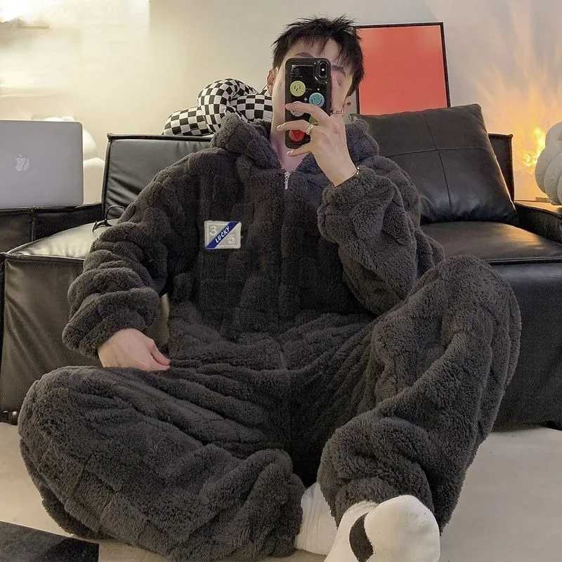 2023 New Pajamas Mens Winter Coral Fleece Nightwear Thickened Flannel Autumn Loungewear Warm Plus-size Mens Sleepwear Y240913