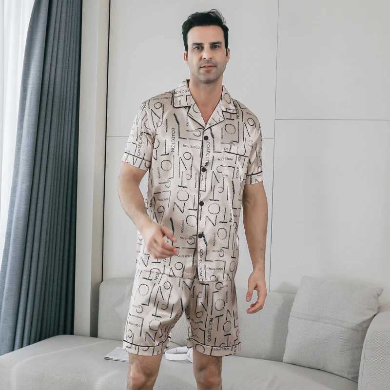 2-piece pajama mens summer short sleeved shorts with ice silk thin letter print lapel cardigan sleepwear home suit Y240913