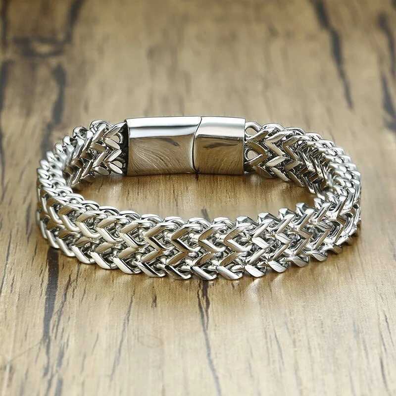 12mm Stainless Steel Mens Silver Color One Chain Double Rows Wristband Magnetic Clasp BraceletX240913