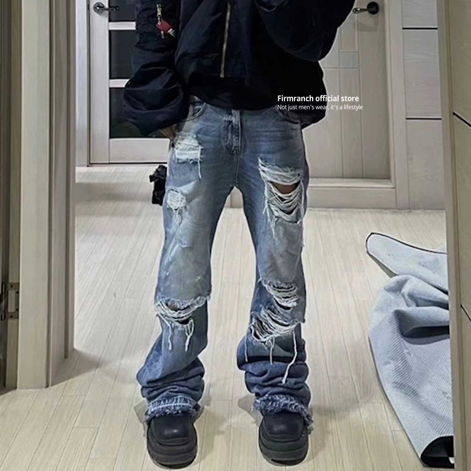 Firmranch New Korean Blue Ripped Jeans For Men Women Worn Mopping Length Flared Denim Pants Streetwear Catwhiskers Trousers M240912