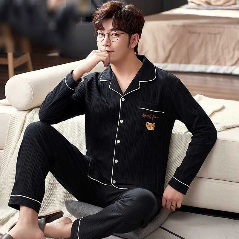 Cotton Plus Size Men Pyjamas High-Grade and High-Quality 2PCS/Set Long-Sleeved Cardigan Homewear Black Striped Plaidsleepwear Y240913