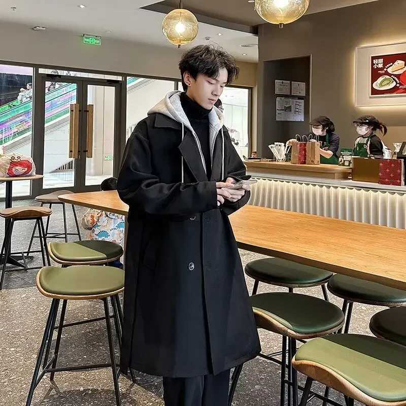 2024 New Style Hong Kong Style Winter Thickened Padded Fashionable Versatile Hooded Overcoat Jacket For Men Trench Coat Y240913