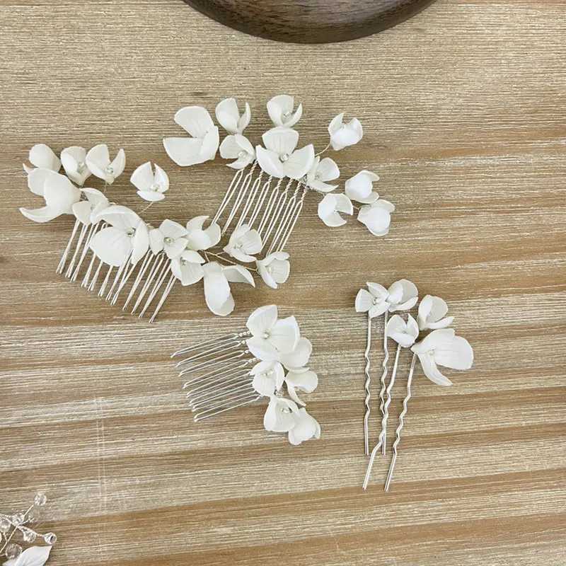 Handmade White Ceramic Flowers Bridal Hair Comb Pearls Wedding Headpiece Charming Prom Hair Accessories JewerlyX240913