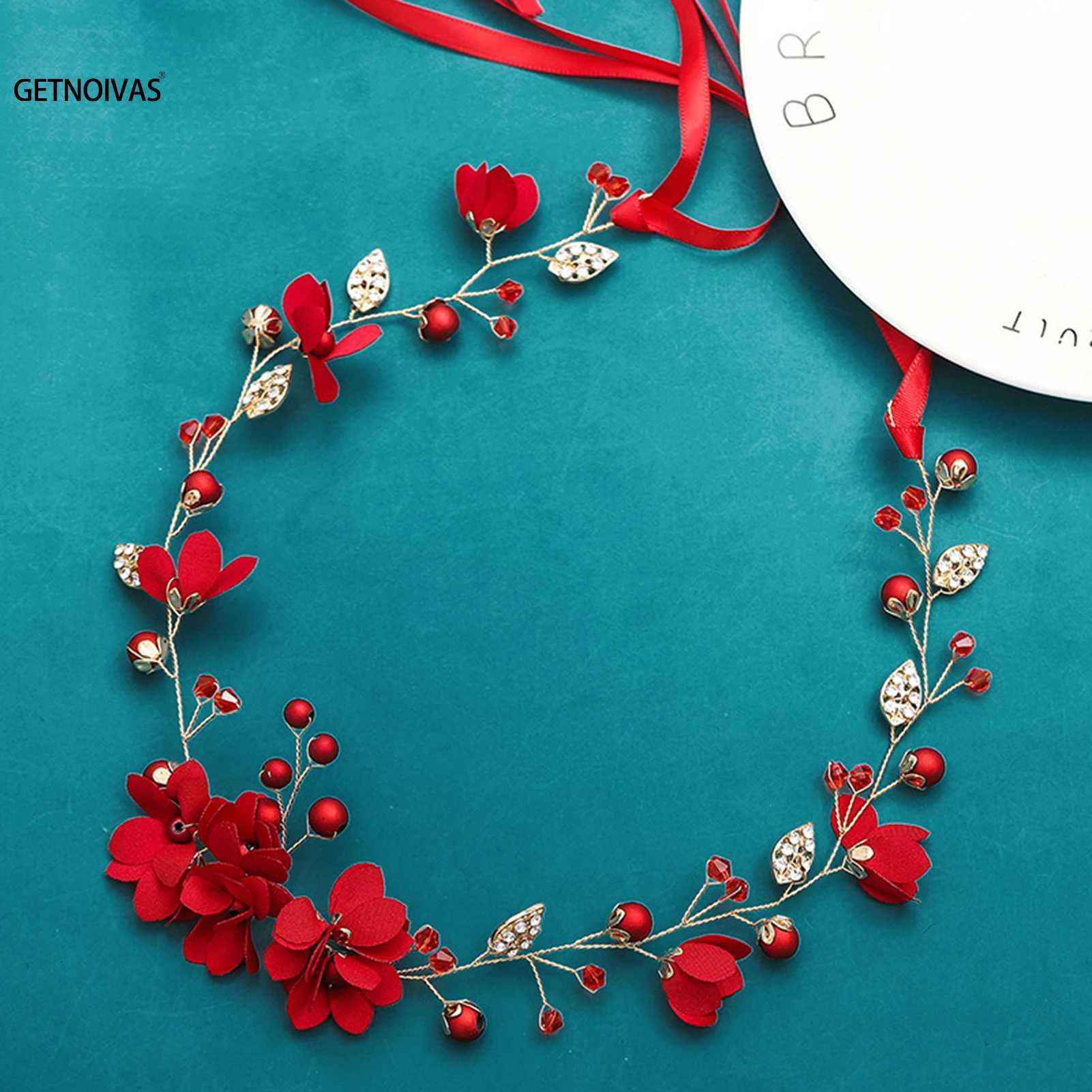Elegant Girls Bridal Headband Red Cloth Flower Pearl Hair Headdress Flower Wreath Bride Garland Head Hoop Wedding HeadbandsX240913