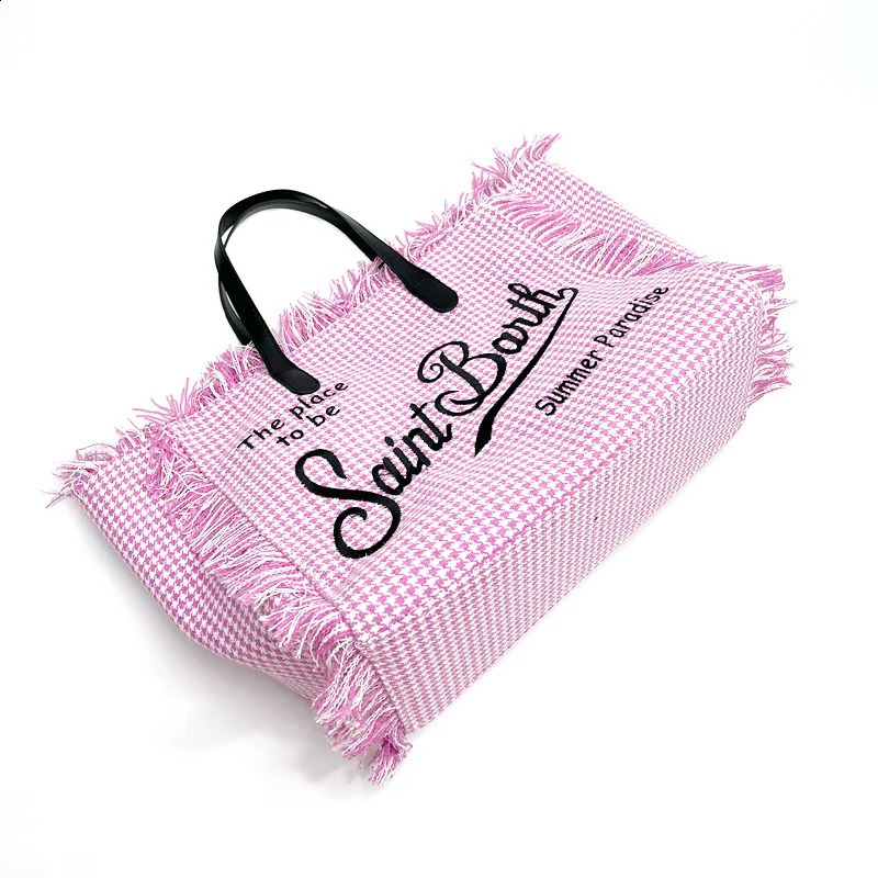 Fashionable Embroidered Letter Tassel Canvas Handbag Summer Beach Womens Bag Large Capacity Commuting Handbag Shopping Bag 240907