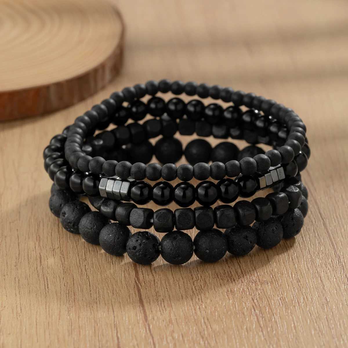 4-piece set of black volcanic stone bead stacked mens fashion bracelet W240913