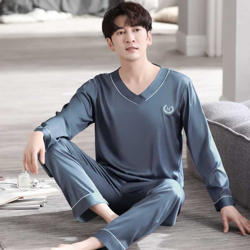 Men Pajamas Sets Silk Satin Pijamas Hombre V Collar Sleepwear Long Sleeve Spring Nightwear Male 2 Pieces Sets Homewear Y240913