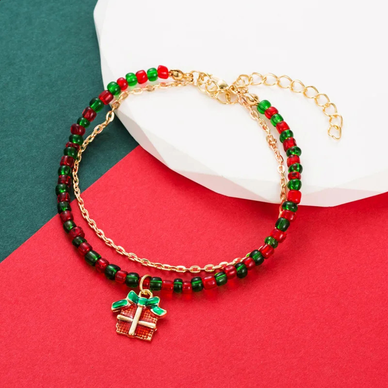 Fashion Red Bead Christmas Bracelet for Women Ethnic Alloy Cute Cartoon Drip Oil Party Gift Jewelry Wholesale 240912
