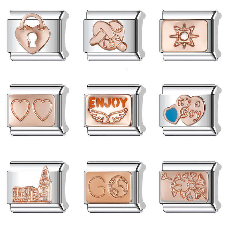 New Women's Gift Rose gold color Love Lock Bead Italian Charms Links Bangle Beads Fit 9mm Stainless Steel Bracelet Making DIY For Women Fashion J