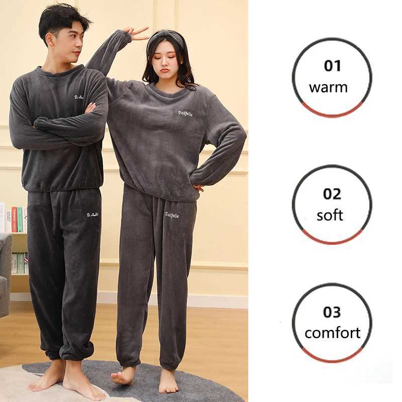 Thickened Warm Men Coral Velvet Pajamas Autumn Winter Homewear Long-Sleeved Long Trousers Solid Soft Sleepwear 2PCS/Set Couple Y240913