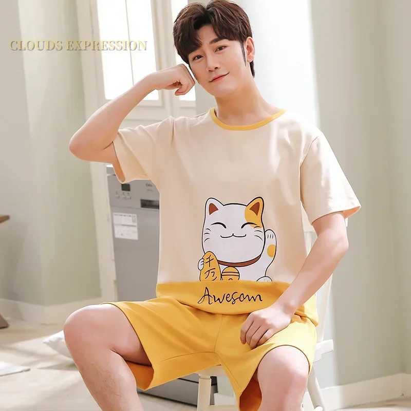 Summer Knitted Cotton Short Sleeved Mens Pajamas Sets Male Pajama Set Letter Pajama For Men Sleepwear Suit Homewear Size xXXXL Y240913
