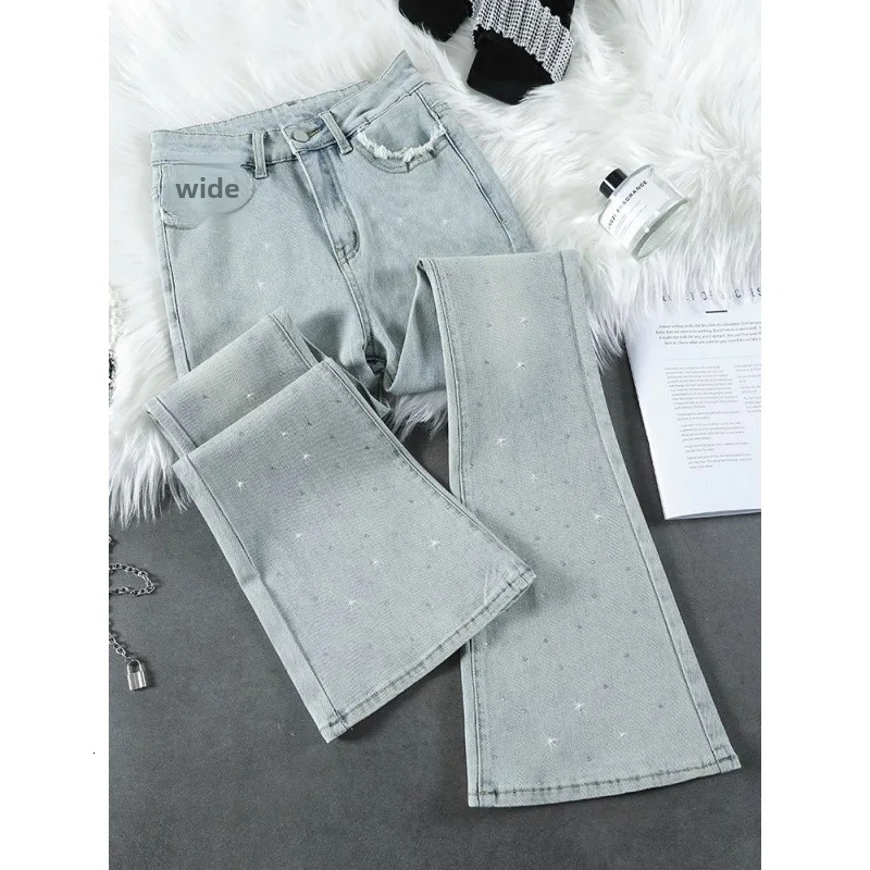 2024 New Summer Thin High-waisted Jeans Women's Bell-bottom Pants Rhinestone Micro-flared Style Light Color Ladies
