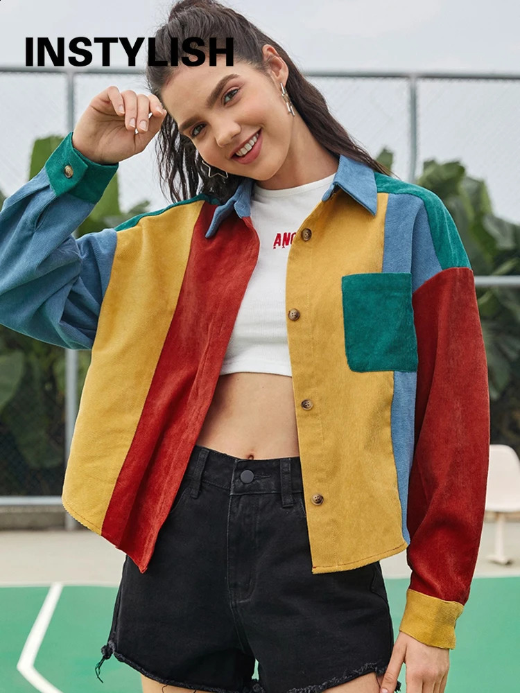 Instylish Womens Autumn Corduroy Patch Work Jacket Retro Harajuku Hit Color Loose Baseball Street Clothing Bomber 240913