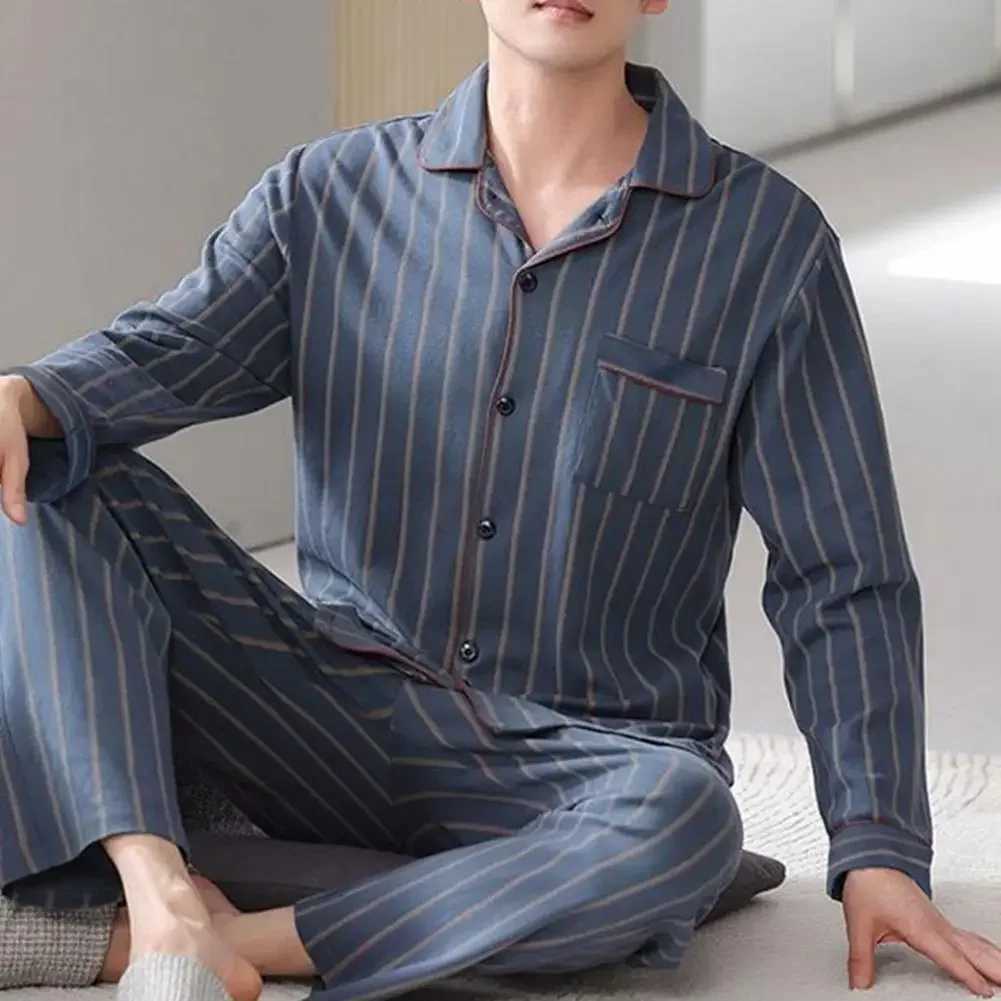 Man Pajamas Sets Spring Autumn Long Sleeve Soft Lapel Button Pajamas for Men Plaid Cardigan Homewear Male Casual Loose Sleepwear Y240913