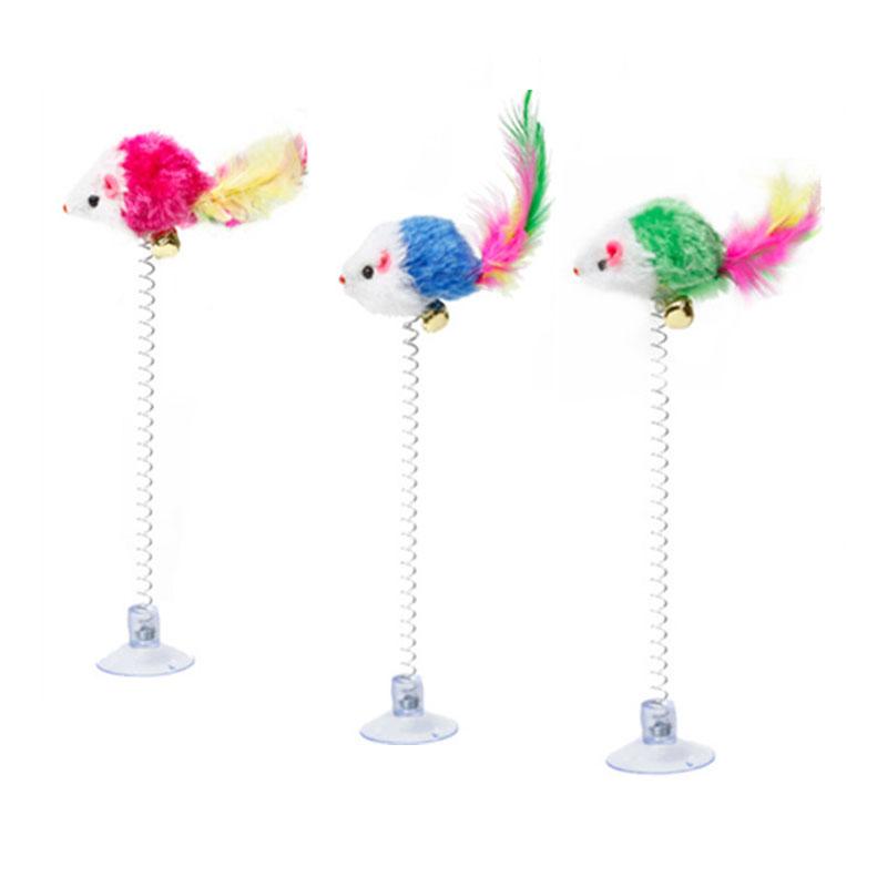 3PCS Spring Pet Toy Elastic With Bell Spring Color Mouse Feather Bottom Sucker Pet Cat Toy Product Cat Accessories Decoration