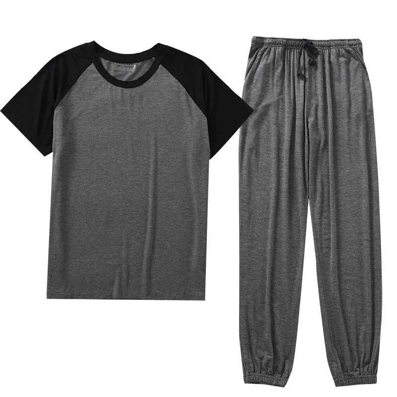 Japanese spring and summer mens pajamas suit modal short-sleeved trousers thin stitching plus fat large size loose home service Y240913