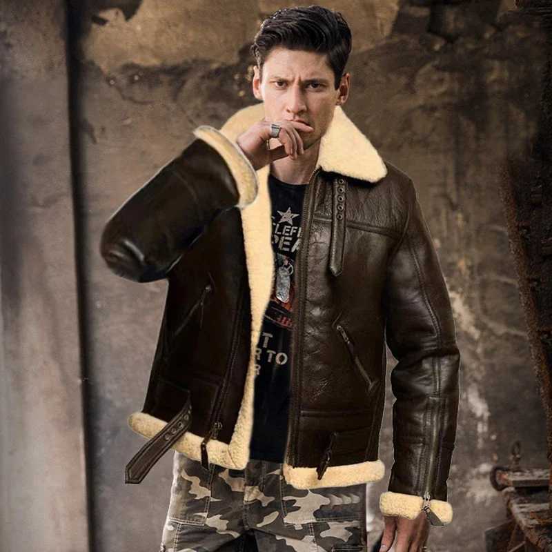 2023 Fashion PU Jacket Bomber-Coat Motorcycle Faux-Sheepskin Winter Men New Turn-Down Thick Collar Casual Coats Streetwear MaleX240913